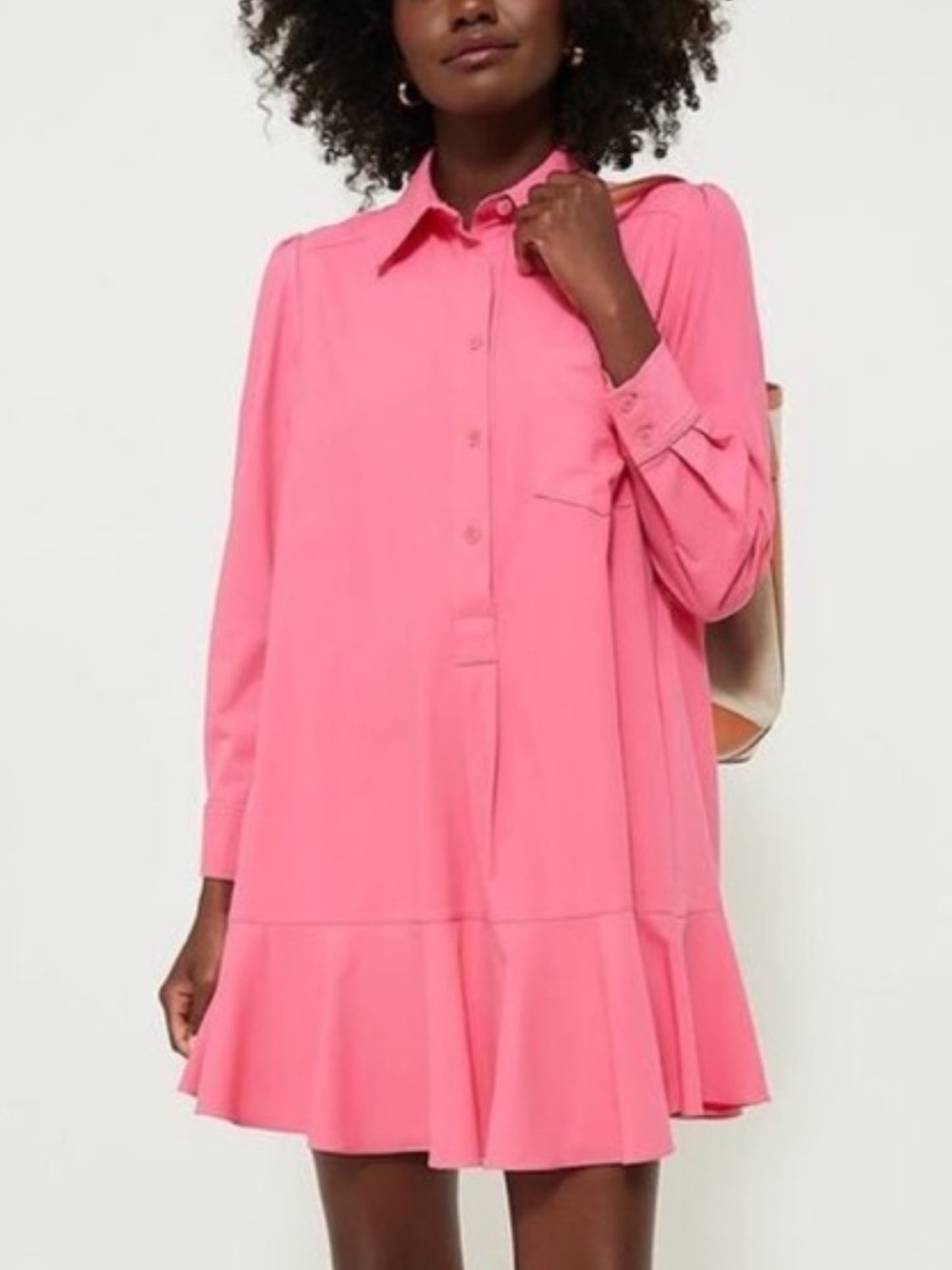 Tuckernuck Hot Pink Long-Sleeve Ruffle-Hem Shirt Dress